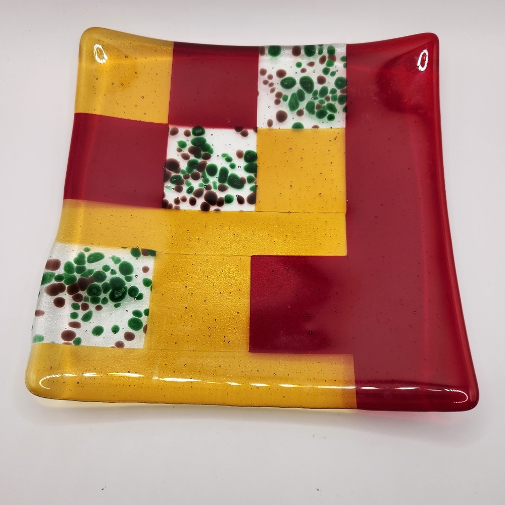 Multicolored Red, Yellow, Green Square Decorative Art Glass Plate 7.5"x7.5"